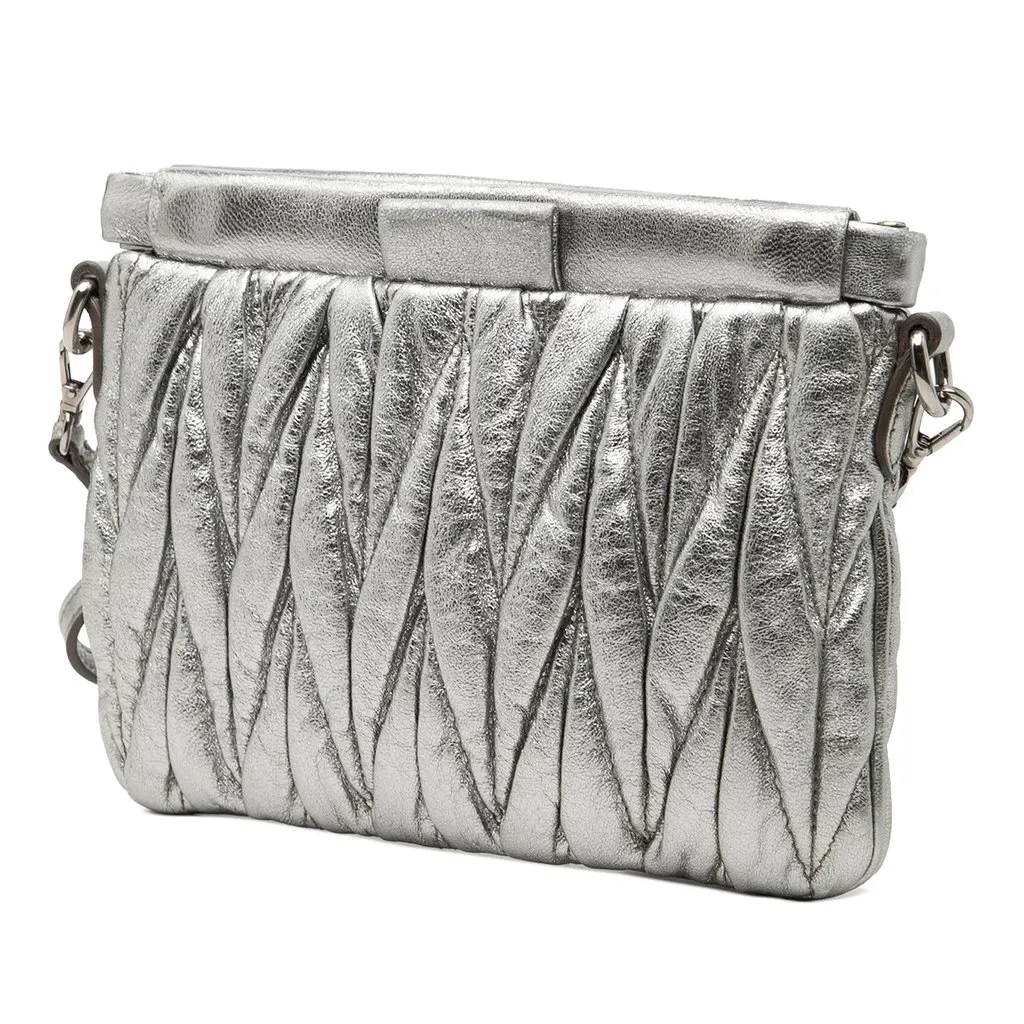 Miu Miu Matelasse Metallic Nappa Frame Clutch with Strap Silver Leather Very good - Back View