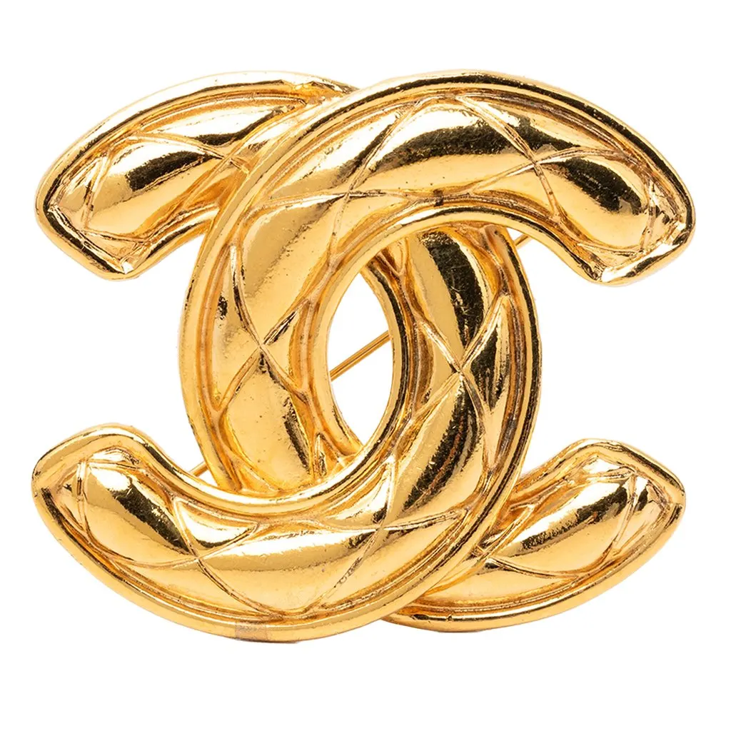 Chanel CC Gold Plated Quilted Brooch Gold Metal Very good - Front View