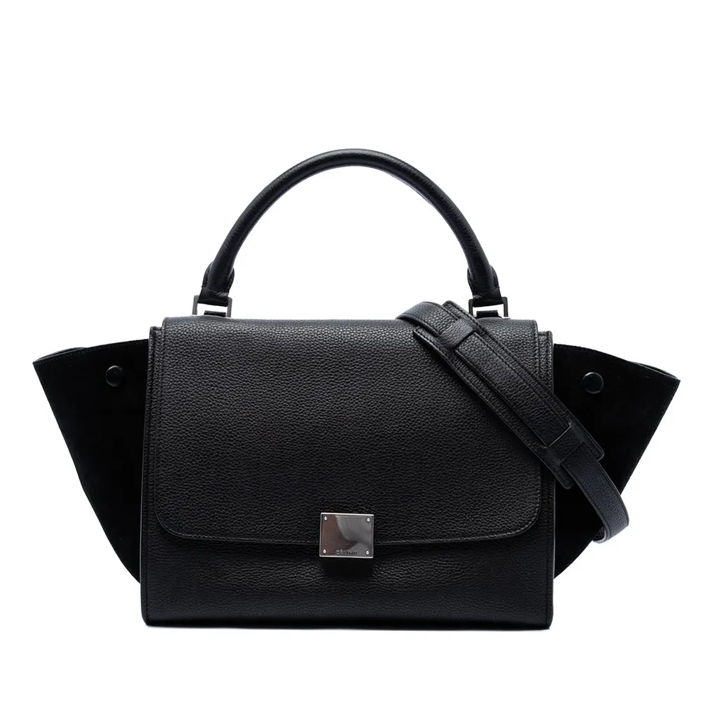 Celine Small Drummed Calfskin and Suede Trapeze Satchel Black Leather Good - Front View