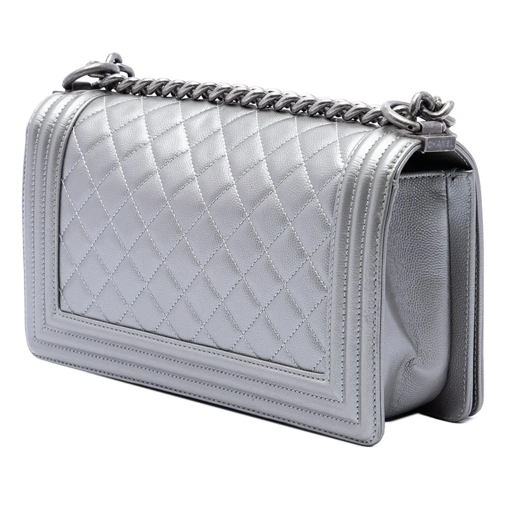 Chanel Old Medium Quilted Metallic Caviar Boy Flap Grey Leather Very good - Back View