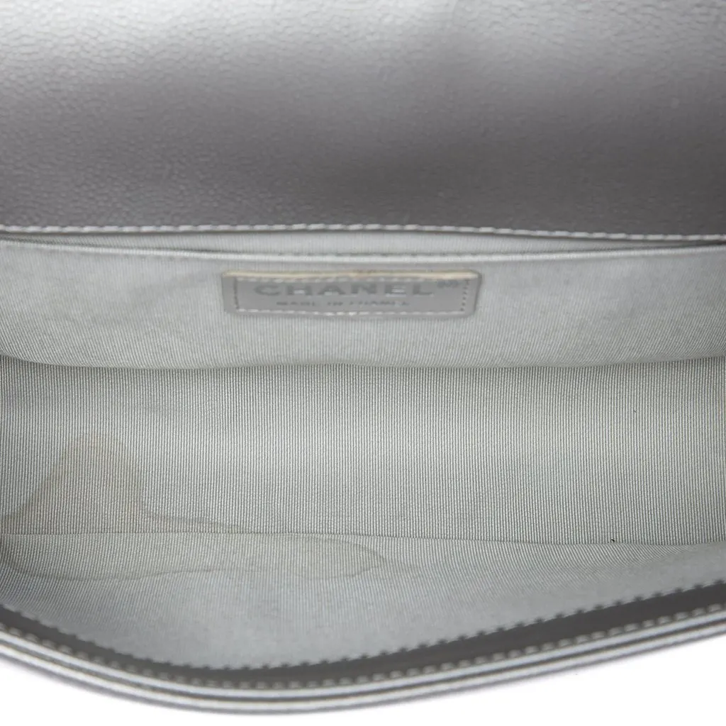 Chanel Old Medium Quilted Metallic Caviar Boy Flap Grey Leather Very good - Model View