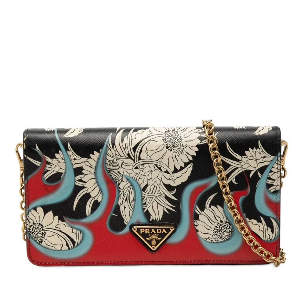 Prada Saffiano Floral Flame Print Wallet on Chain Black Leather Very good - Front View