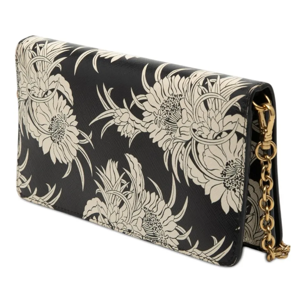 Prada Saffiano Floral Flame Print Wallet on Chain Black Leather Very good - Back View