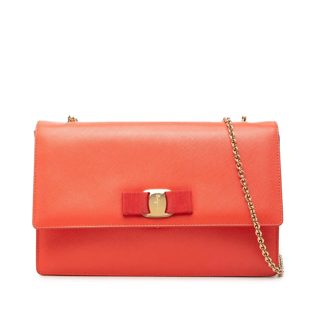 Ferragamo Leather Vara Bow Chain Crossbody Orange Leather Very good - Front View