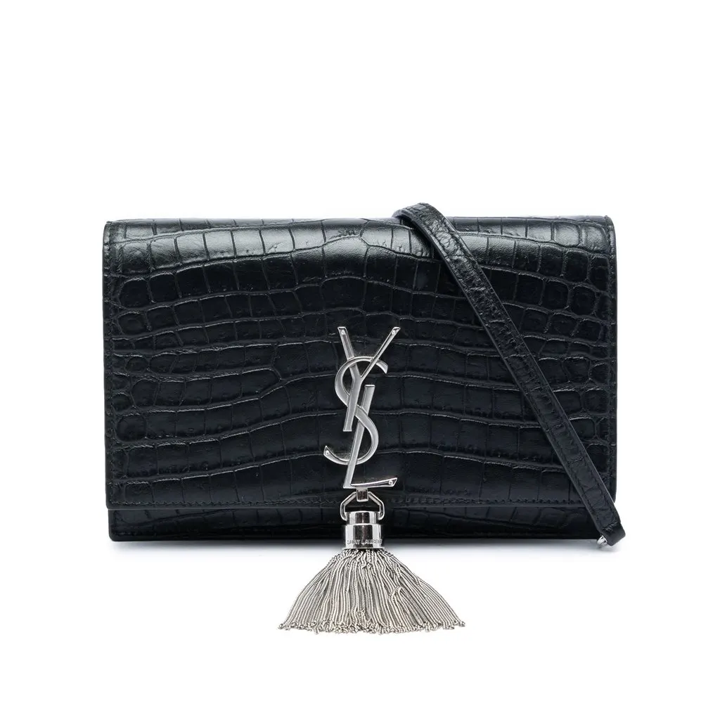 Saint Laurent Croc Embossed Leather Monogram Kate Tassel Wallet on Chain Black Leather Very good - Front View