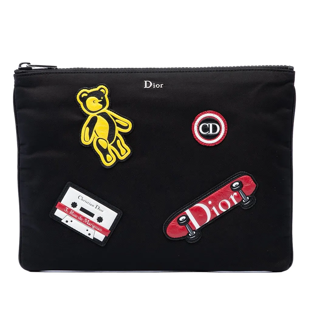 Dior Nylon Patch Embellished Zip Clutch Black Very good - Front View