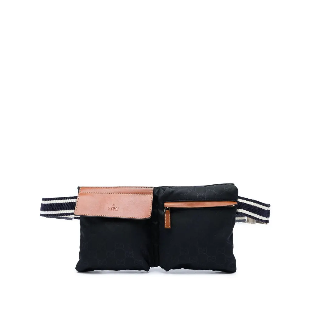 Gucci GG Nylon Web Double Pocket Belt Bag Black Polyamide Good - Front View