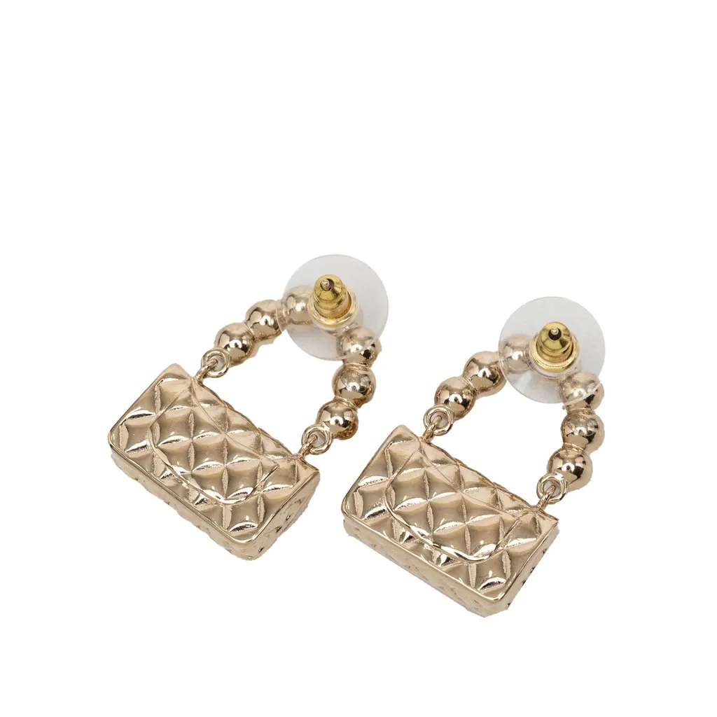 Chanel CC Gold Plated Quilted Flap Bag Faux Pearl Bullet Back Earrings Gold Metal Very good - Back View