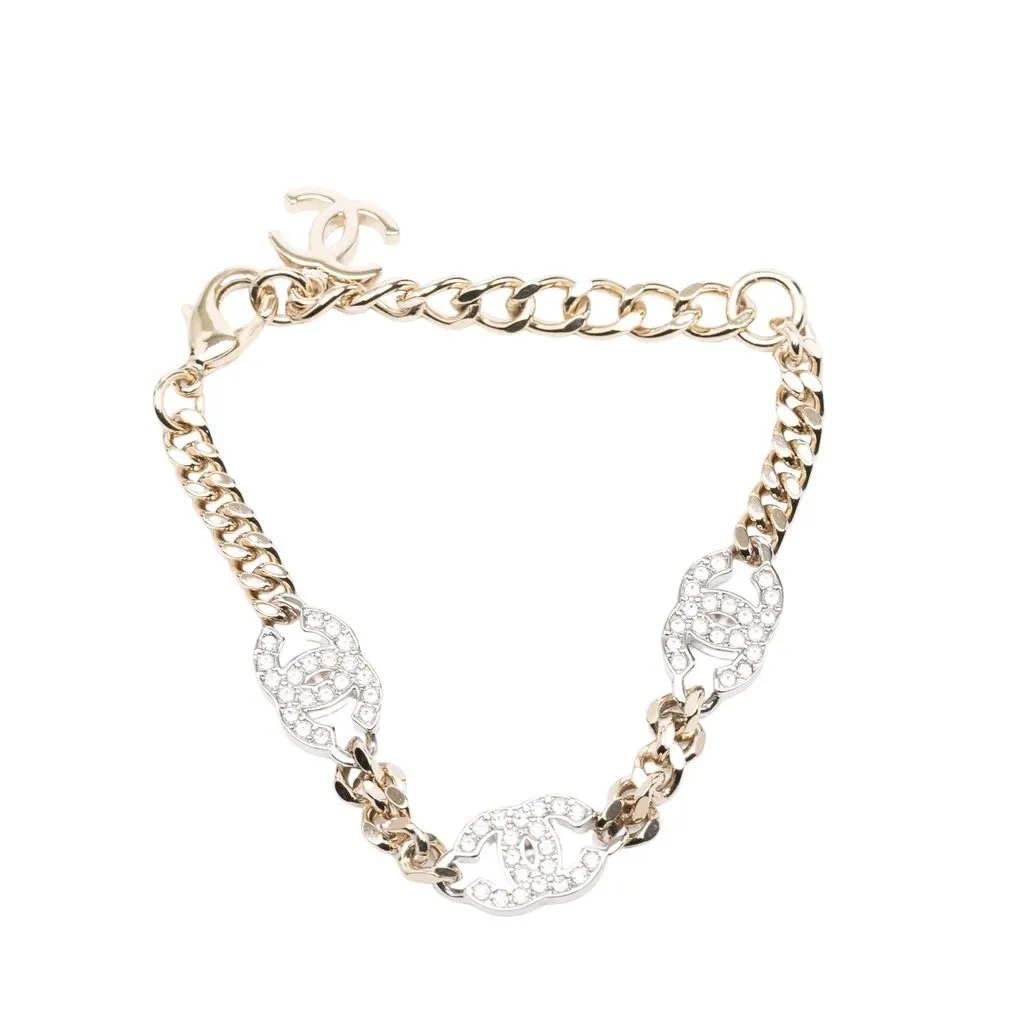 Chanel CC Gold Plated and Brass Strass Chain Link Bracelet