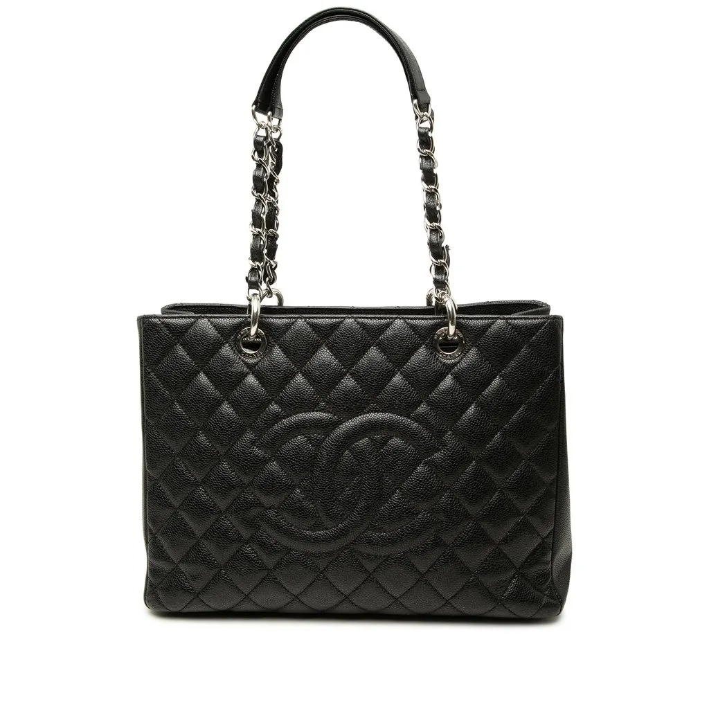 Chanel Caviar Grand Shopping Tote Black Leather Good - Front View
