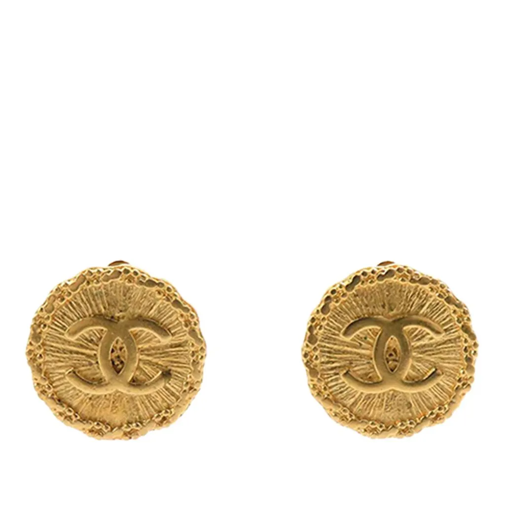 Chanel CC Gold Plated Sunburst Round Clip On Earrings Gold Metal Very good - Front View