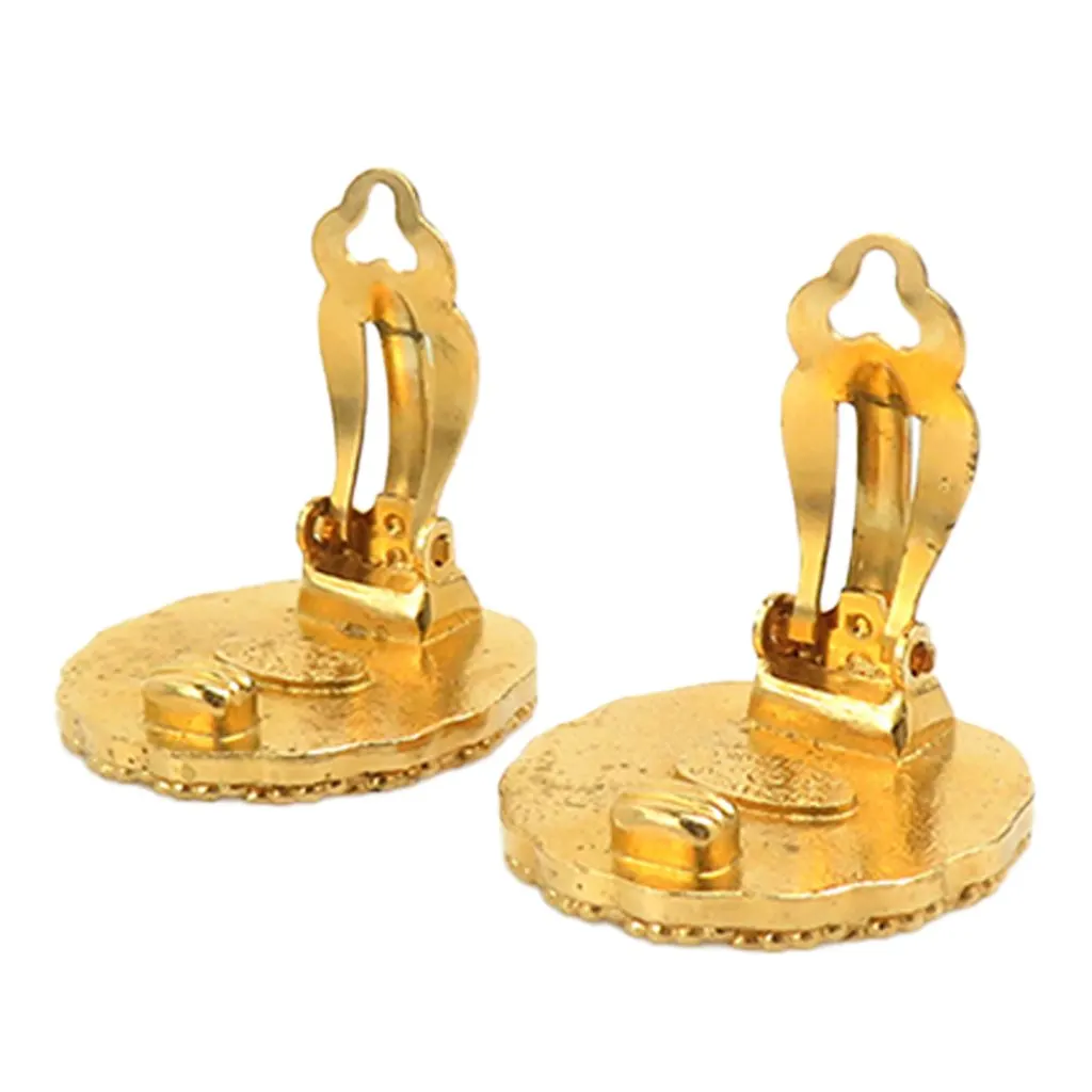 Chanel CC Gold Plated Sunburst Round Clip On Earrings Gold Metal Very good - Model View