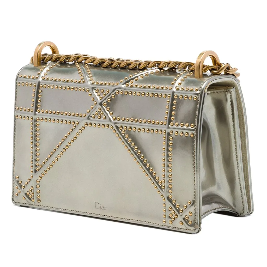 Dior Small Studded Patent Diorama Flap Silver Leather Very good - Back View