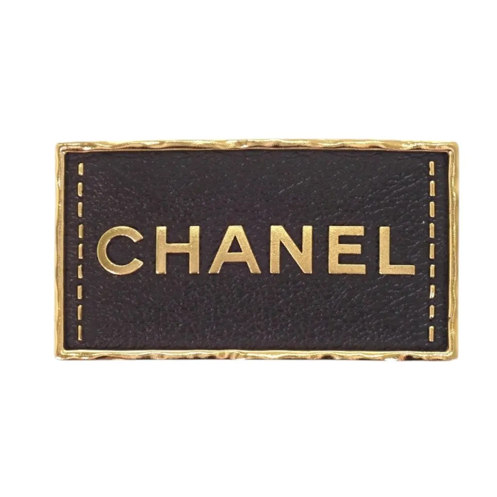 Chanel Gold Plated and Leather Logo Plate Pin Brooch Gold Metal Very good - Front View