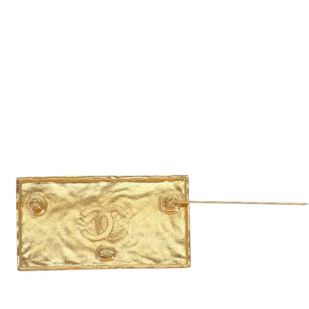 Chanel Gold Plated and Leather Logo Plate Pin Brooch Gold Metal Very good - Back View