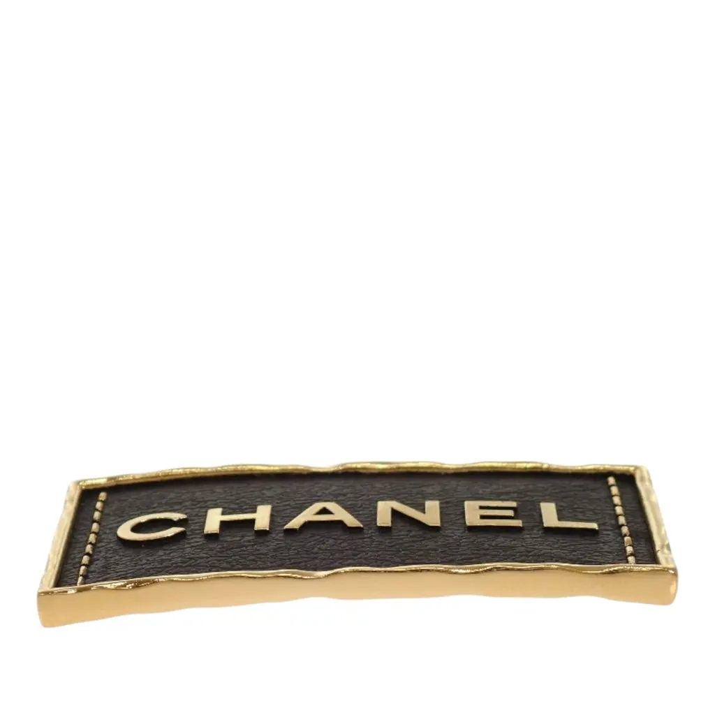 Chanel Gold Plated and Leather Logo Plate Pin Brooch Gold Metal Very good - Inside View