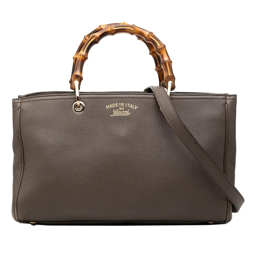 Gucci Medium Calfskin Bamboo Shopper Satchel Brown Leather Good - Front View