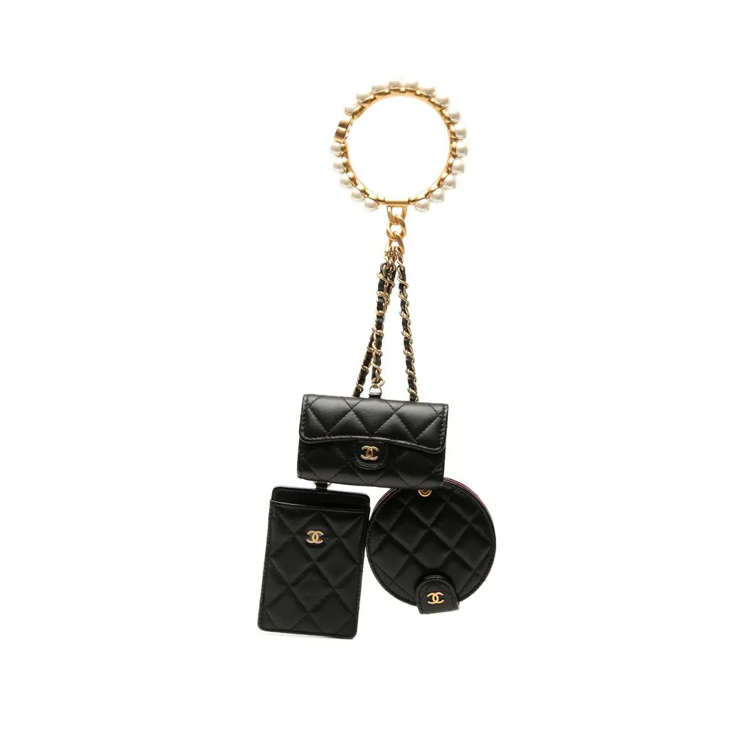 Chanel Quilted Lambskin Pearl Crown CC Wristlet Multi Pouches Black Leather Very good - Front View