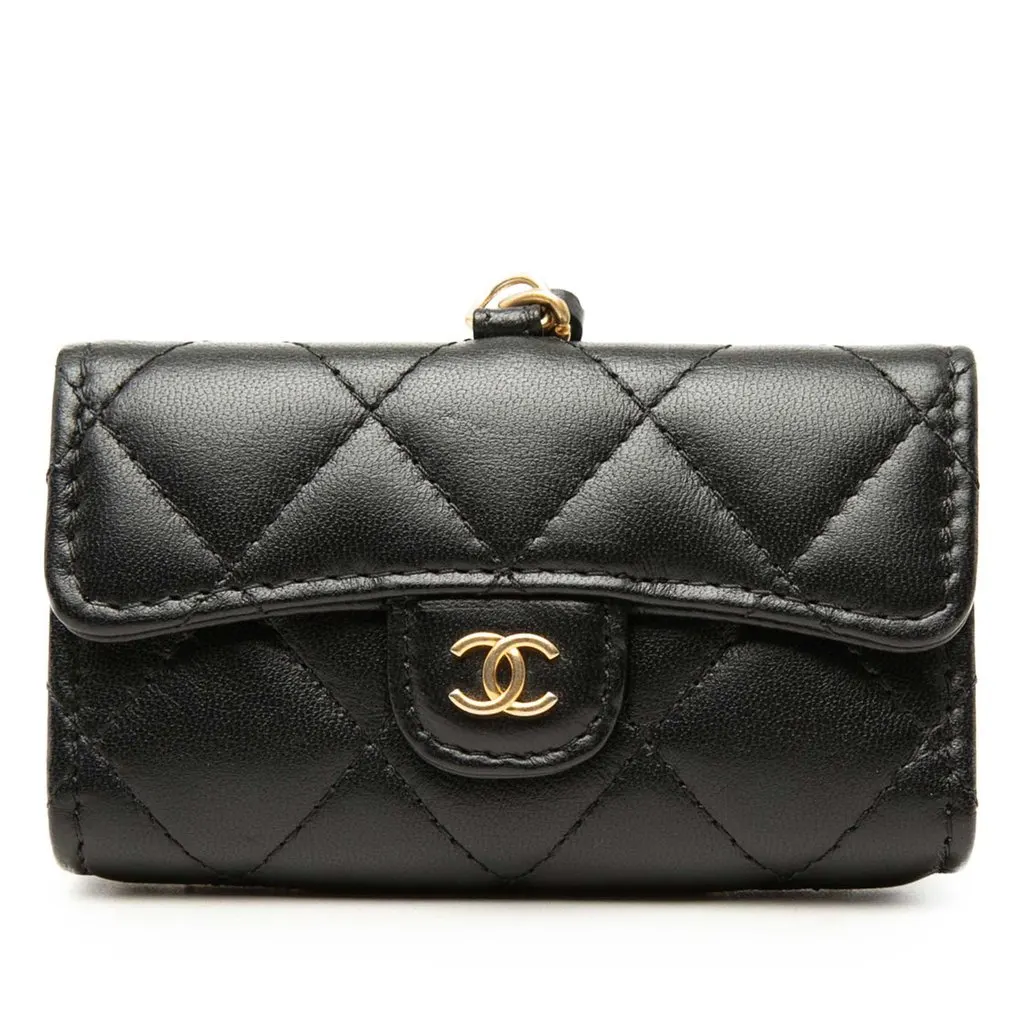 Chanel Quilted Lambskin Pearl Crown CC Wristlet Multi Pouches Black Leather Very good - Back View