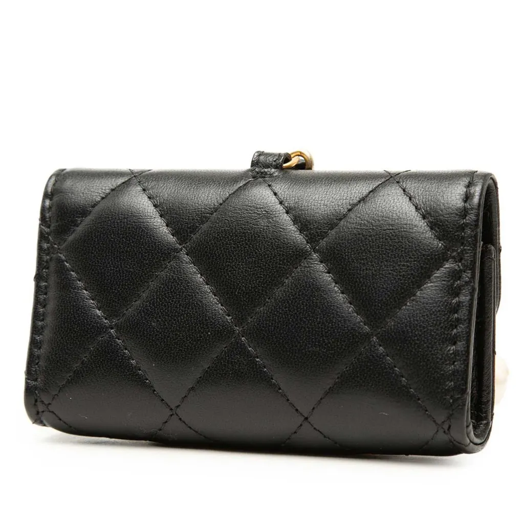 Chanel Quilted Lambskin Pearl Crown CC Wristlet Multi Pouches Black Leather Very good - Inside View