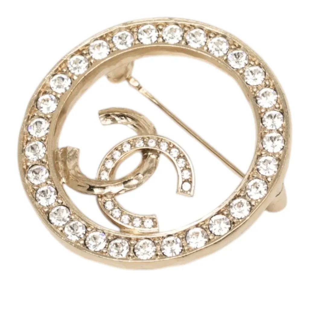 Chanel CC Gold Plated Strass Round Pin Brooch Gold Metal Very good - Front View