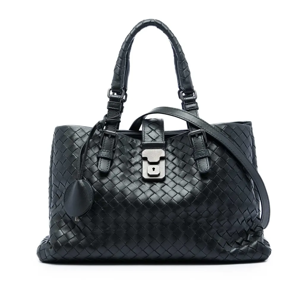 Bottega Veneta Small Nappa Intrecciato Roma Satchel Black Leather Good - Front View