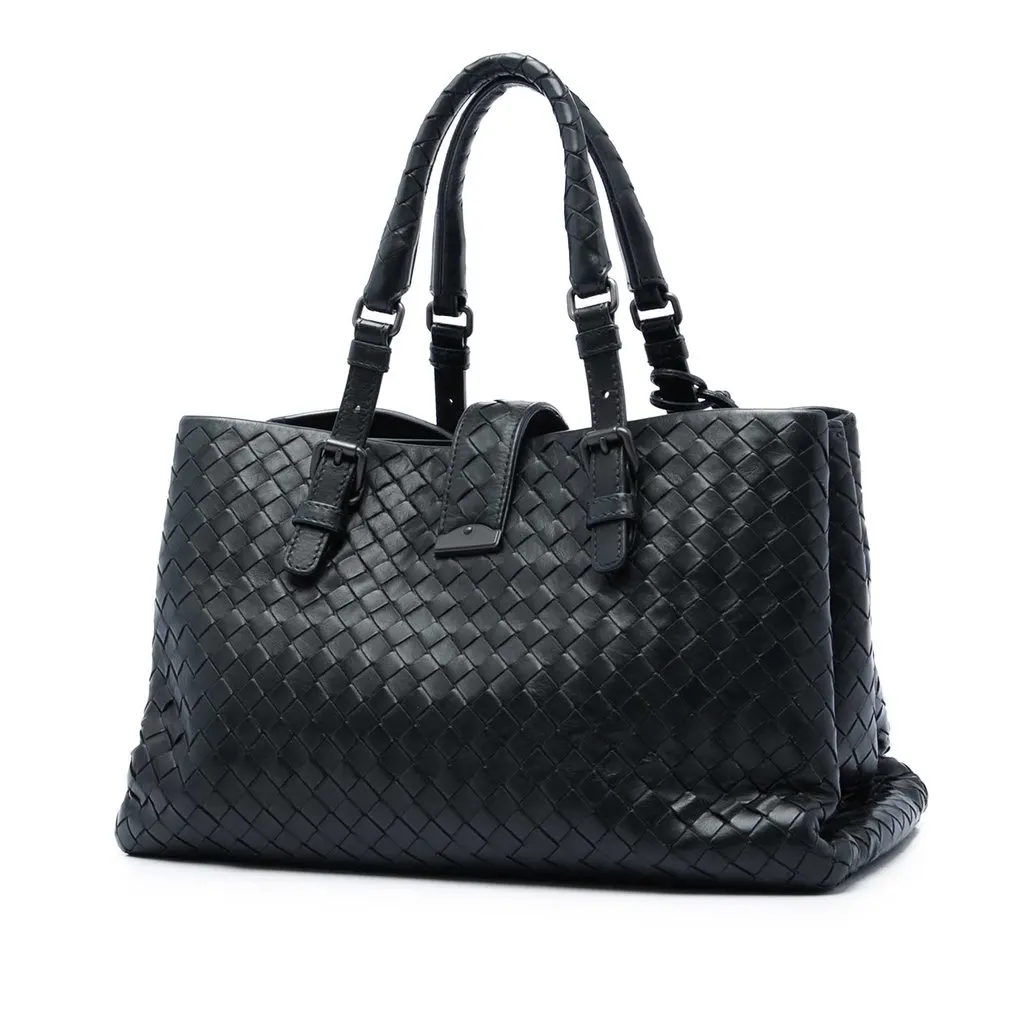 Bottega Veneta Small Nappa Intrecciato Roma Satchel Black Leather Good - Back View