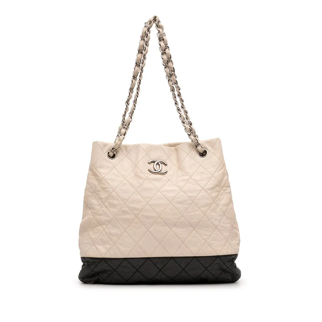 Chanel CC Bicolor Quilted Aged Calfskin Accordion Tote Beige Leather Very good - Front View