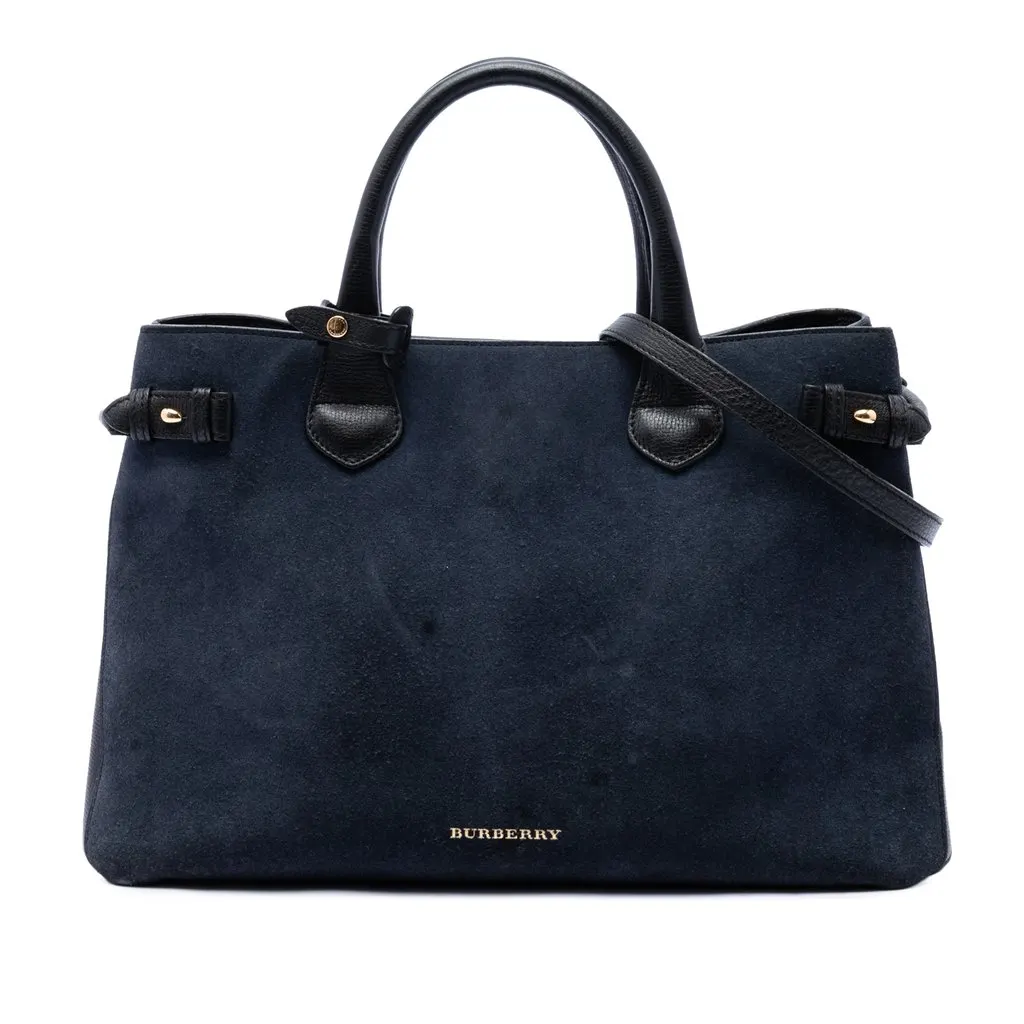 Burberry Medium Suede and Calfskin Banner Satchel Blue Leather Very good - Front View
