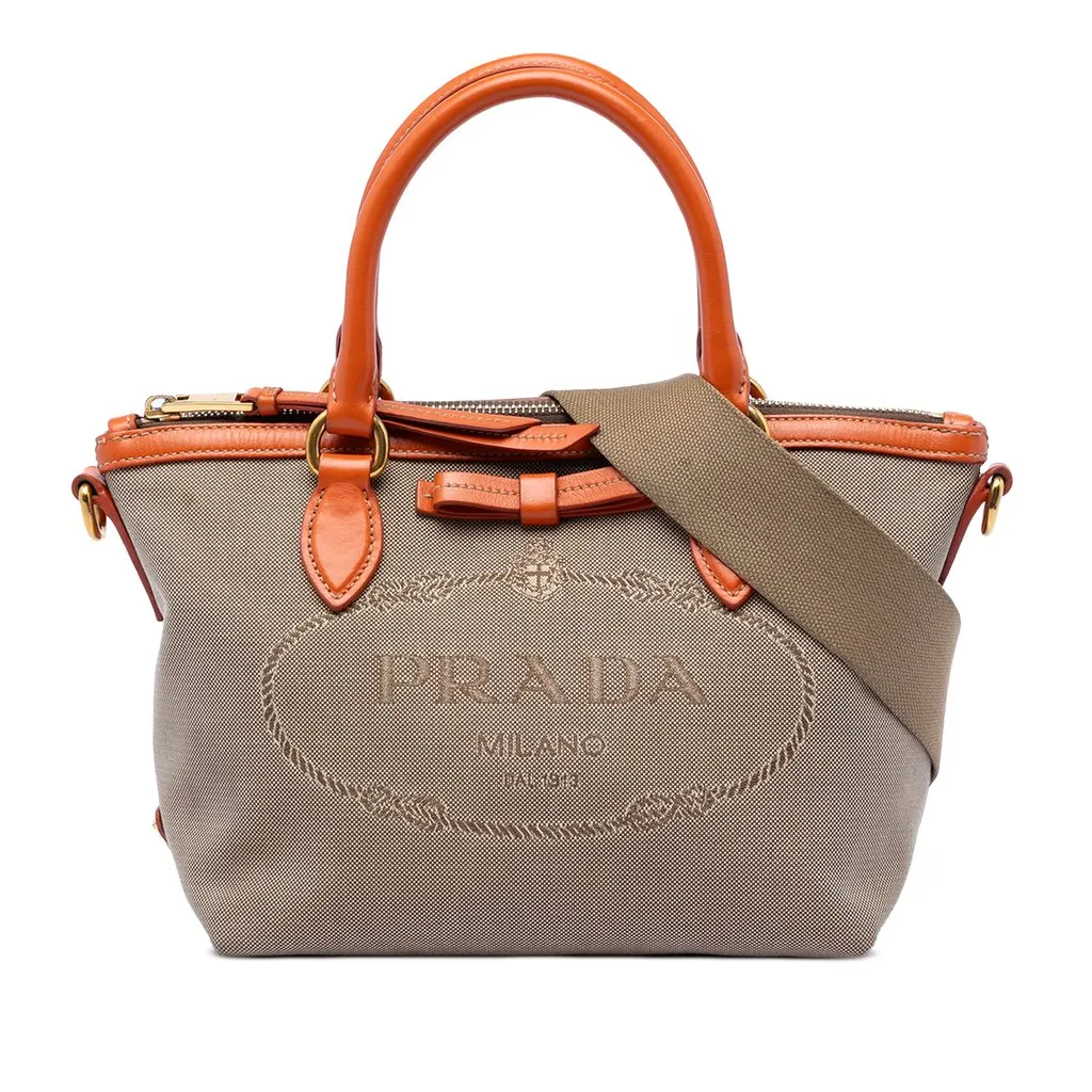 Prada Canvas Canapa Logo Bow Satchel Beige Very good - Front View