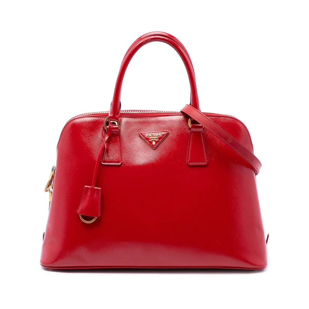 Prada Medium Saffiano Vernice Promenade Satchel Red Leather Good - Front View