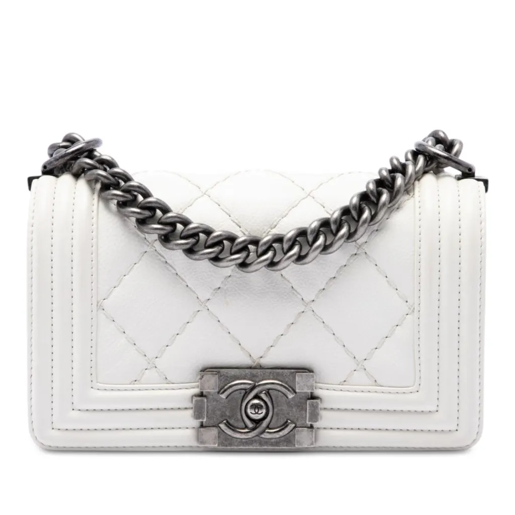 Chanel Small Calfskin Double Stitch Boy Flap White Leather Very good - Front View