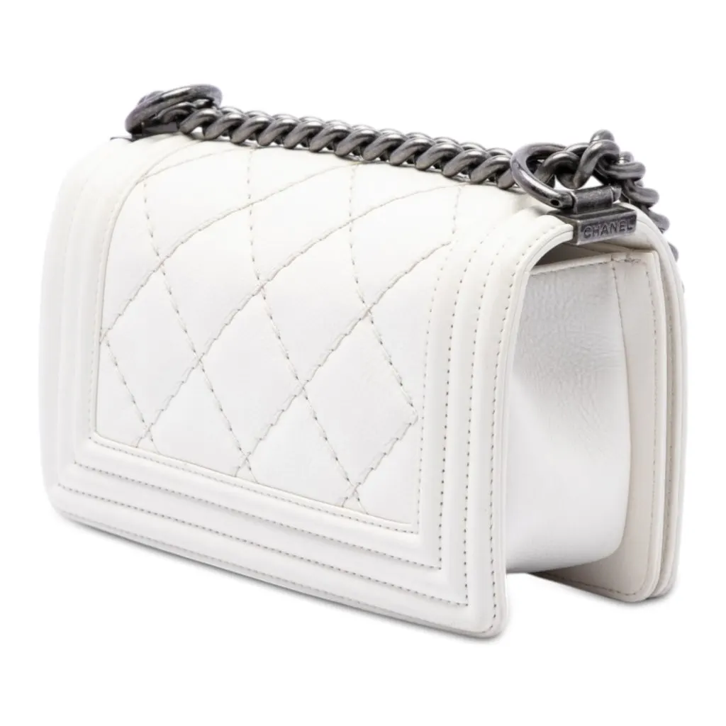 Chanel Small Calfskin Double Stitch Boy Flap White Leather Very good - Back View