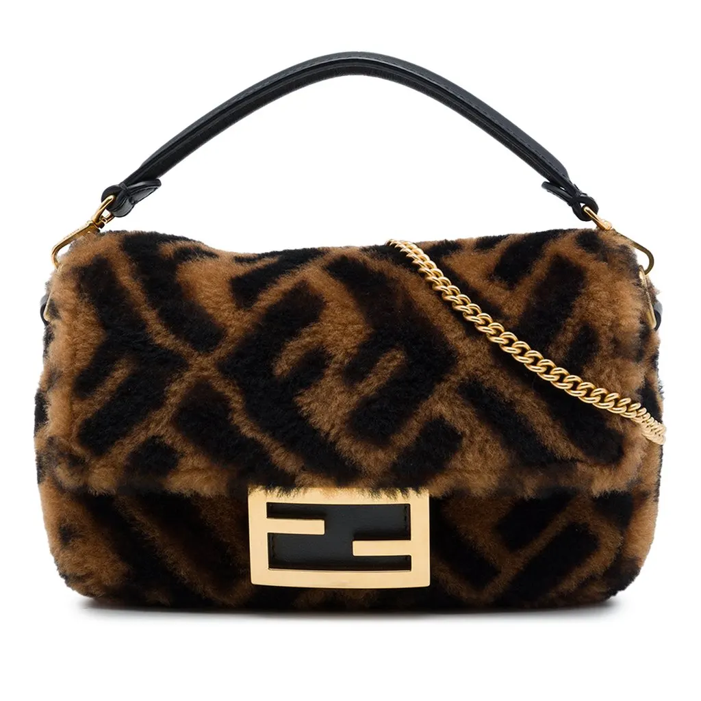 Fendi Mini Zucca Shearling Chain Baguette Satchel