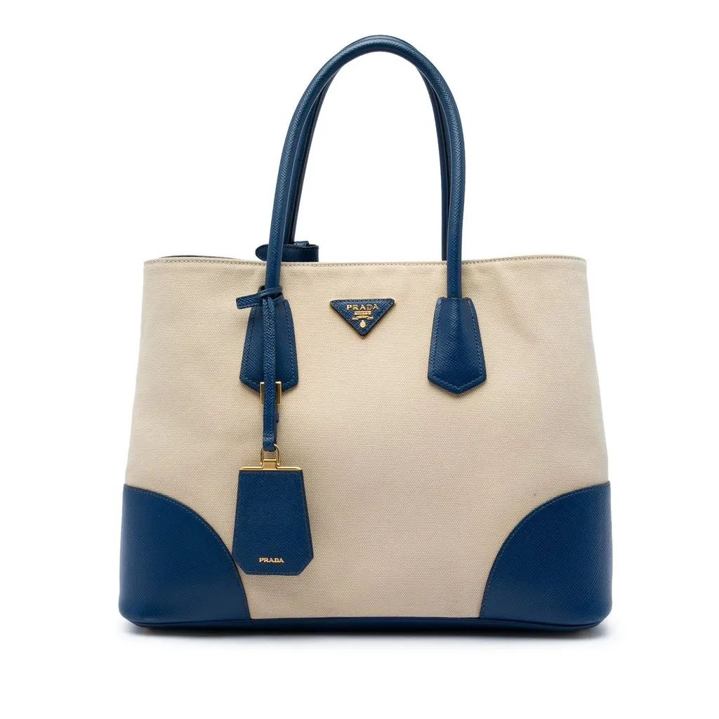 Prada Large Canapa and Saffiano Double Satchel Beige Canvas Good - Front View