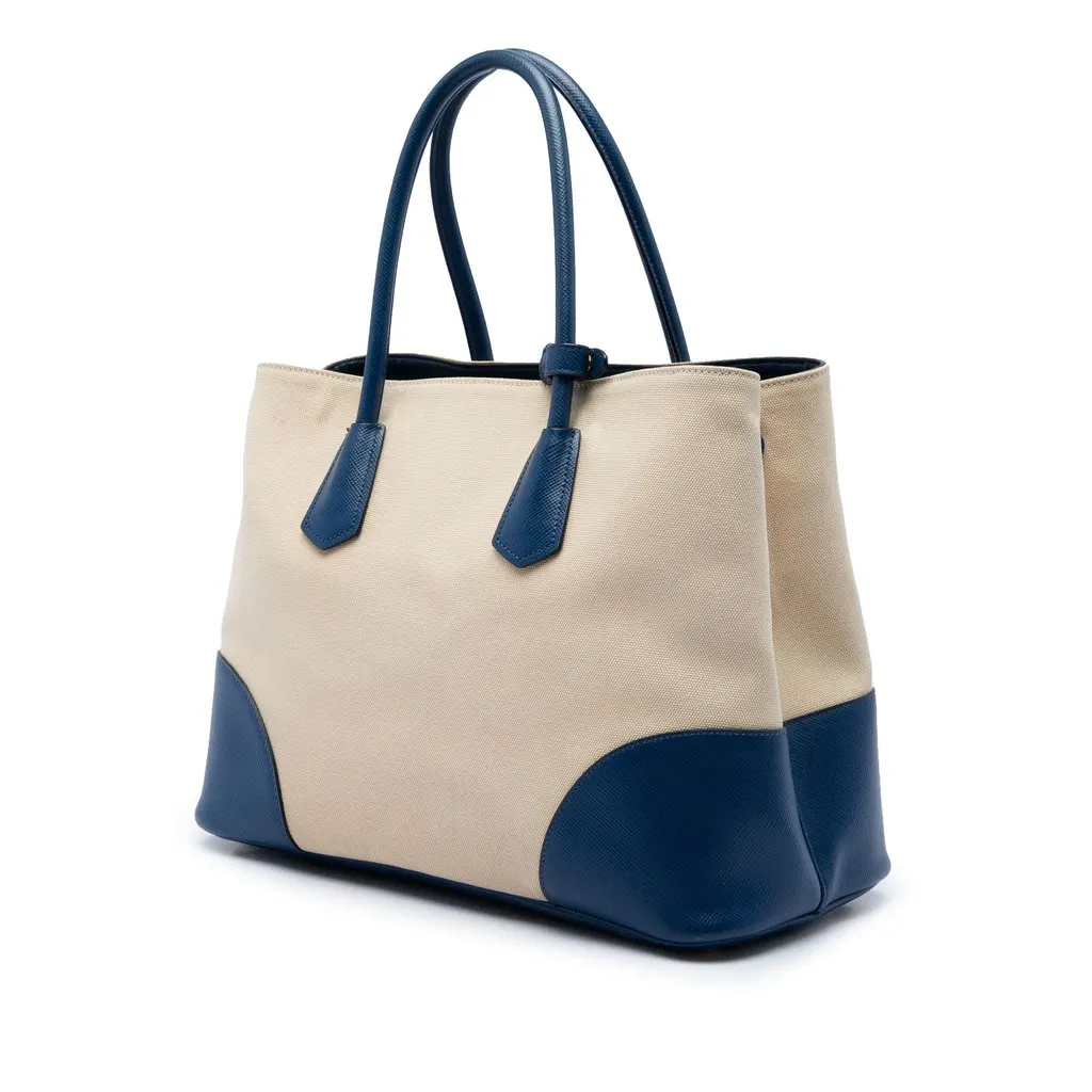 Prada Large Canapa and Saffiano Double Satchel Beige Canvas Good - Back View