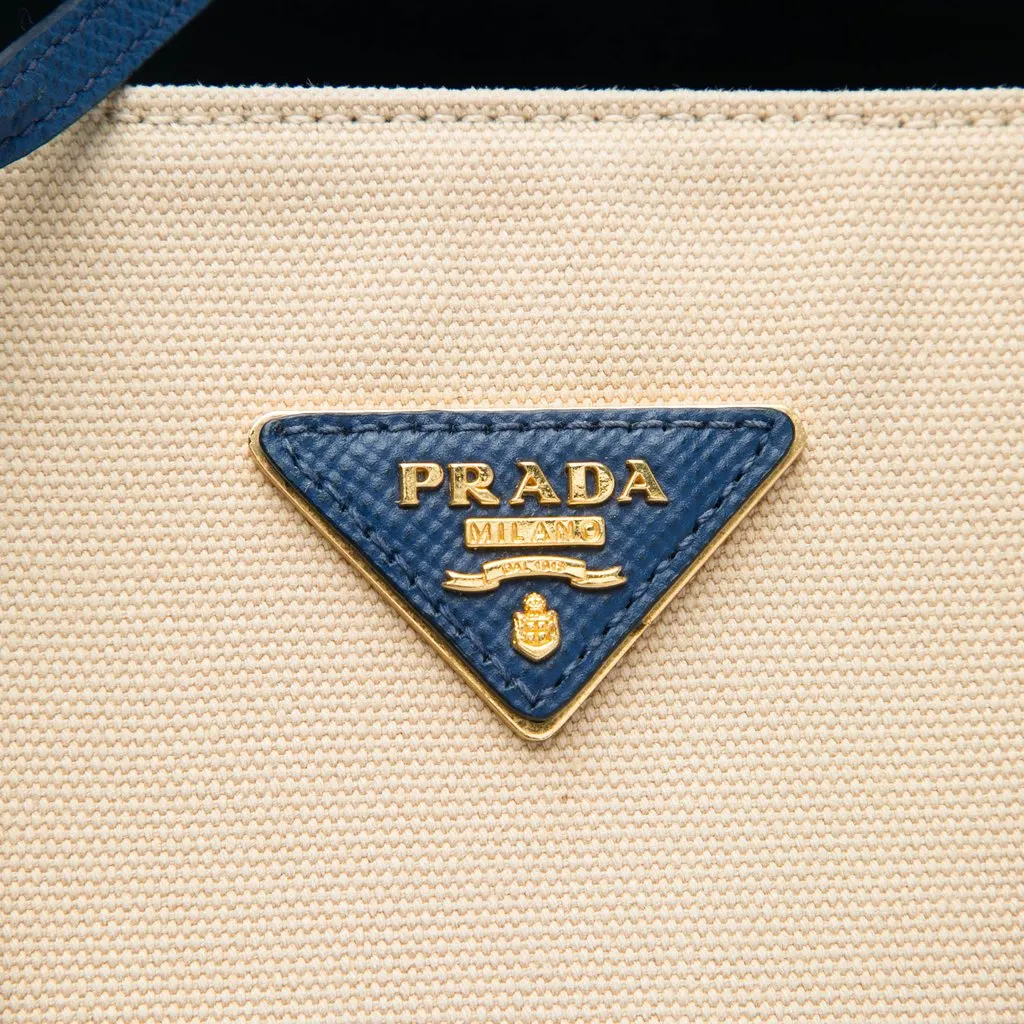 Prada Large Canapa and Saffiano Double Satchel Beige Canvas Good - Box View