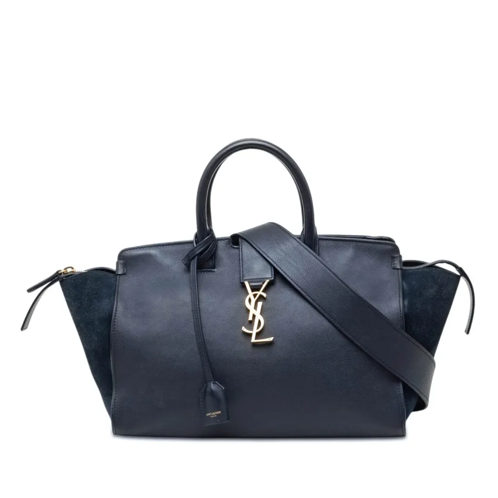 Saint Laurent Small Suede Trimmed Calfskin Downtown Cabas Satchel Blue Leather Very good - Front View