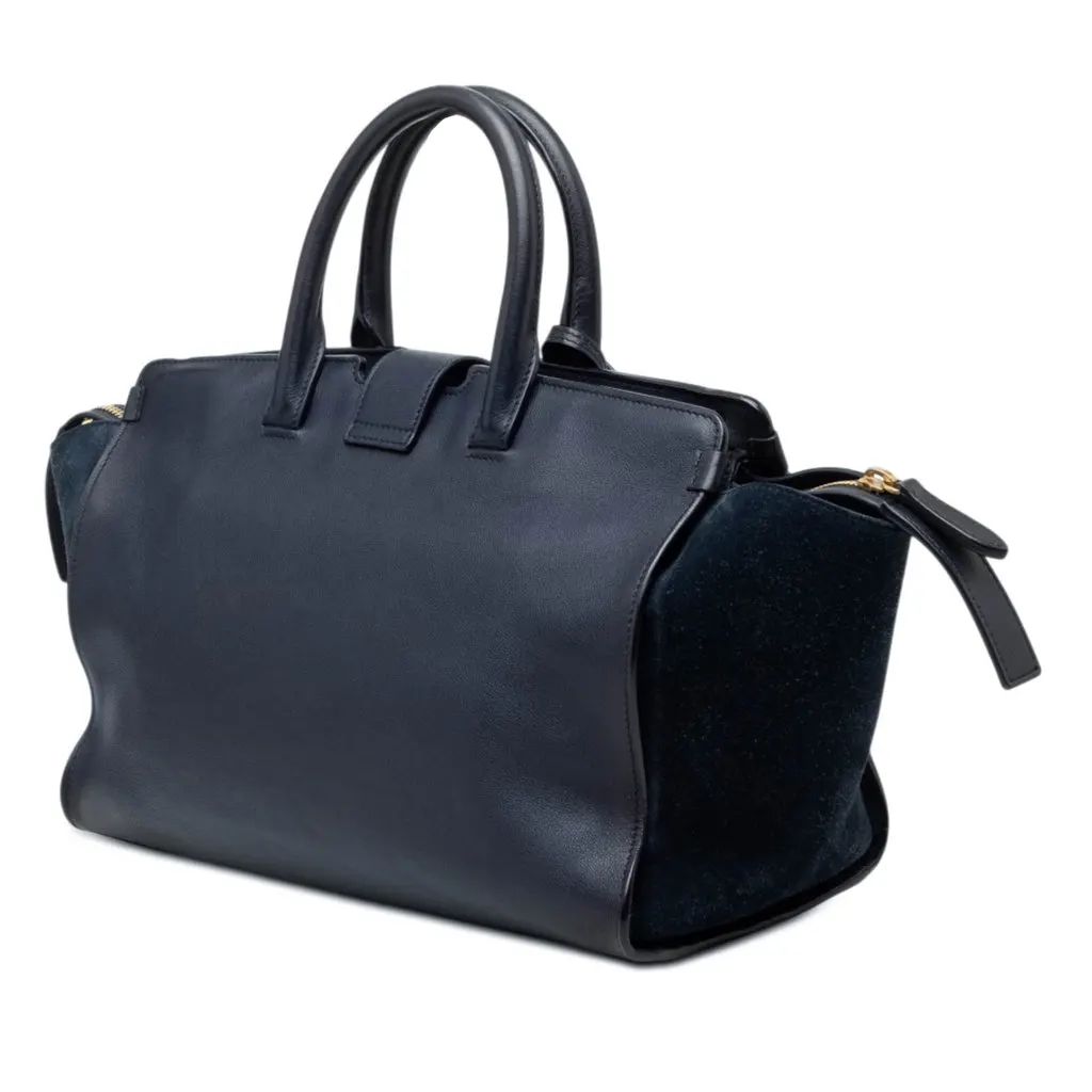 Saint Laurent Small Suede Trimmed Calfskin Downtown Cabas Satchel Blue Leather Very good - Back View