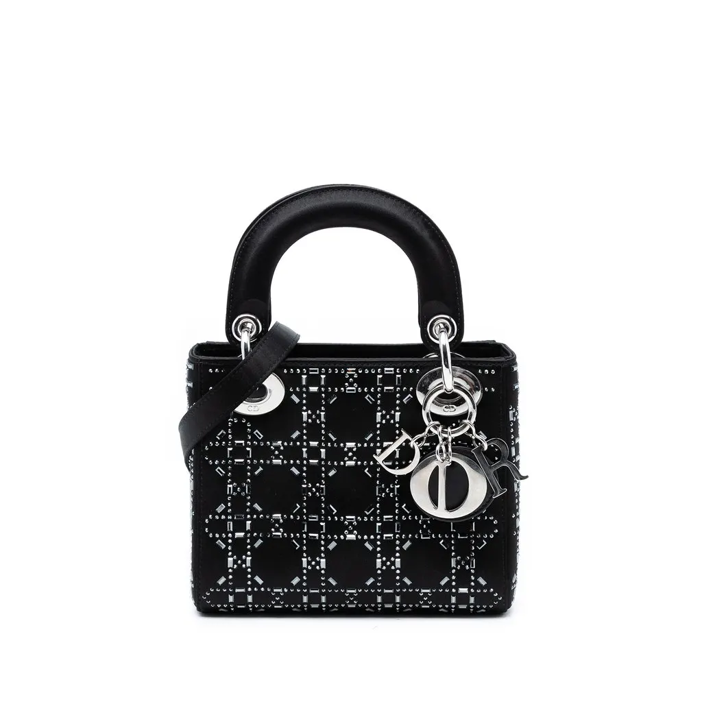 Dior Mini Satin Cannage Crystal Embellished Lady Dior Black Satin Very good - Front View