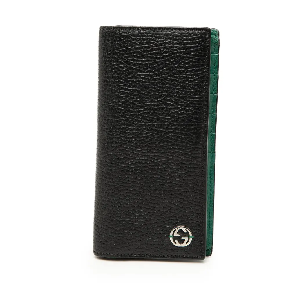 Gucci Calfskin Interlocking G Bifold Long Wallet Black Leather Very good - Front View