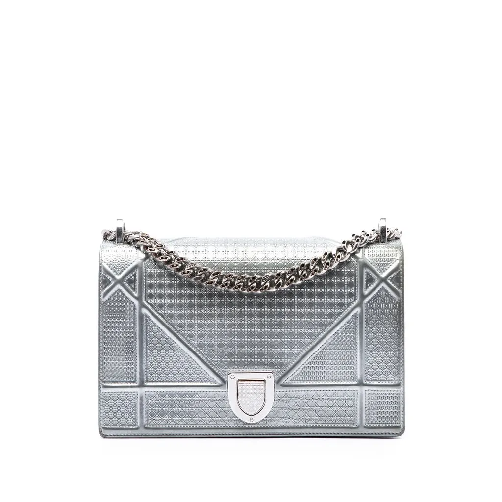 Dior Medium Metallic Patent Microcannage Diorama Flap Silver Leather Good - Front View