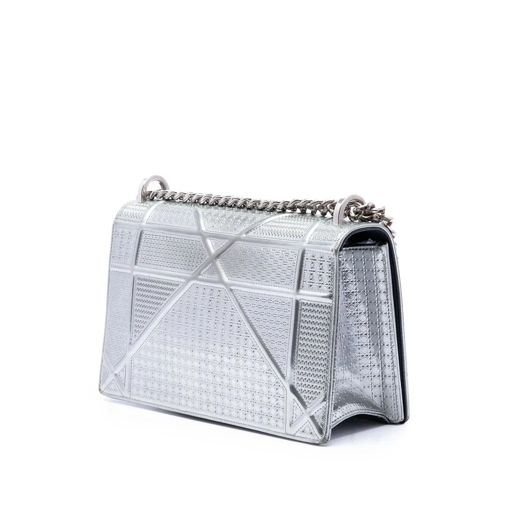 Dior Medium Metallic Patent Microcannage Diorama Flap Silver Leather Good - Back View