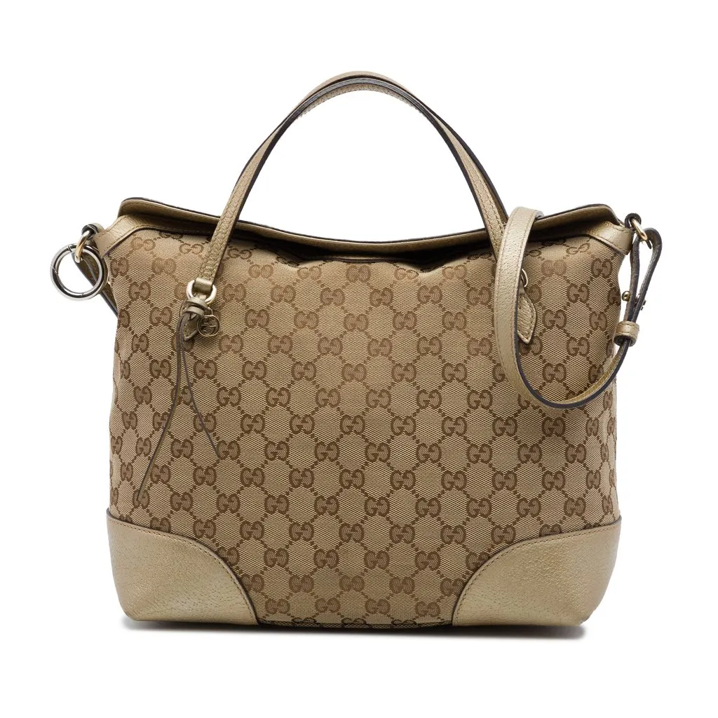 Gucci Medium GG Canvas Bree Fold Over Tote Beige Canvas Good - Front View