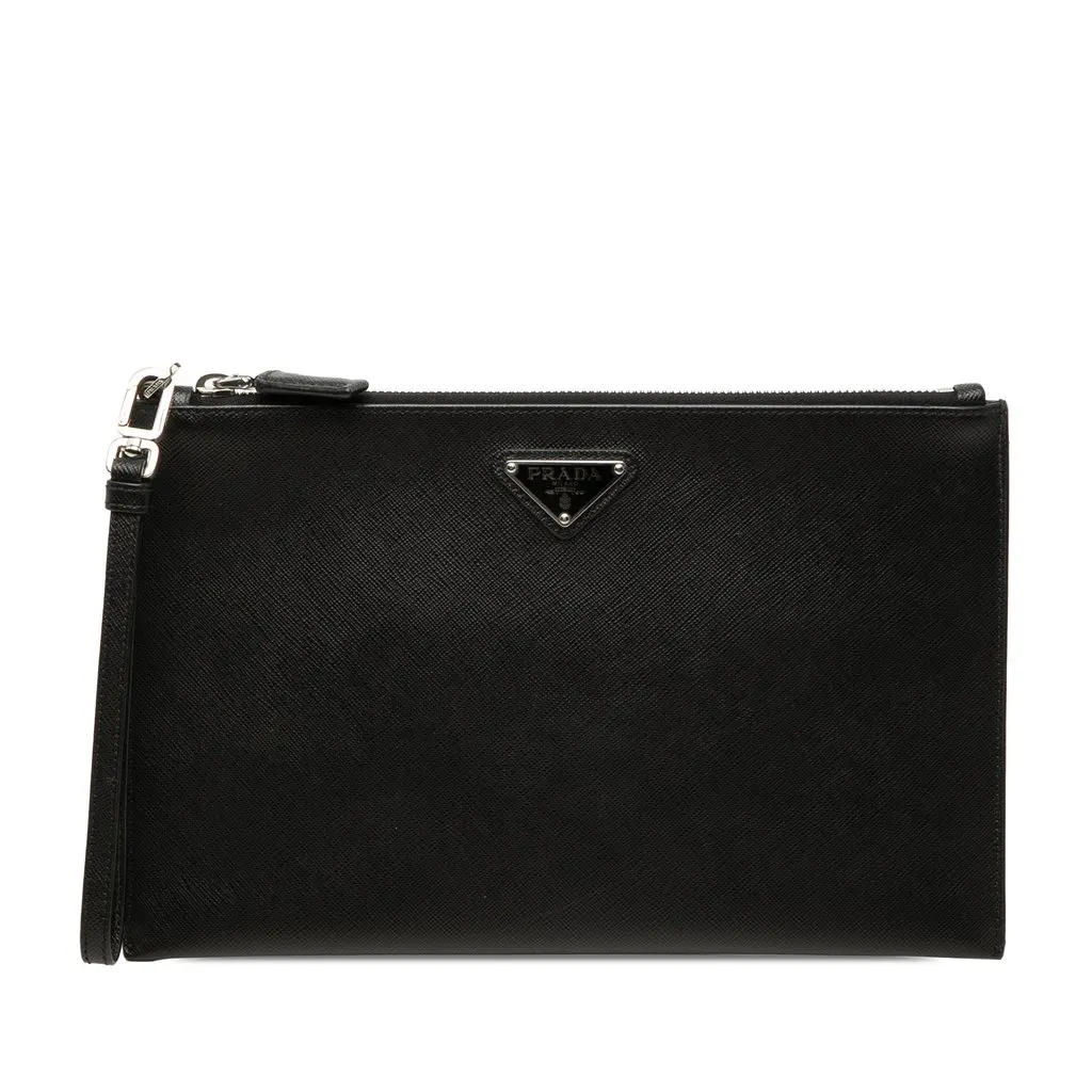 Prada Saffiano Wristlet Clutch Black Leather Very good - Front View