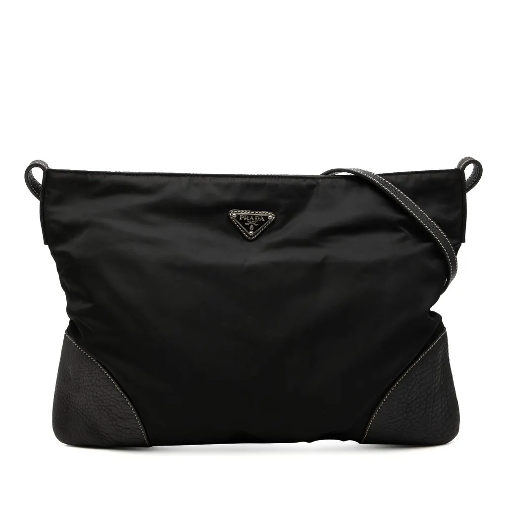 Prada Vitello Daino Trimmed Tessuto Zip Top Crossbody Black Very good - Front View