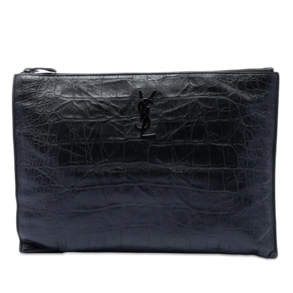 Saint Laurent Croc Embossed Leather Monogram Document Holder Black Leather Very good - Front View