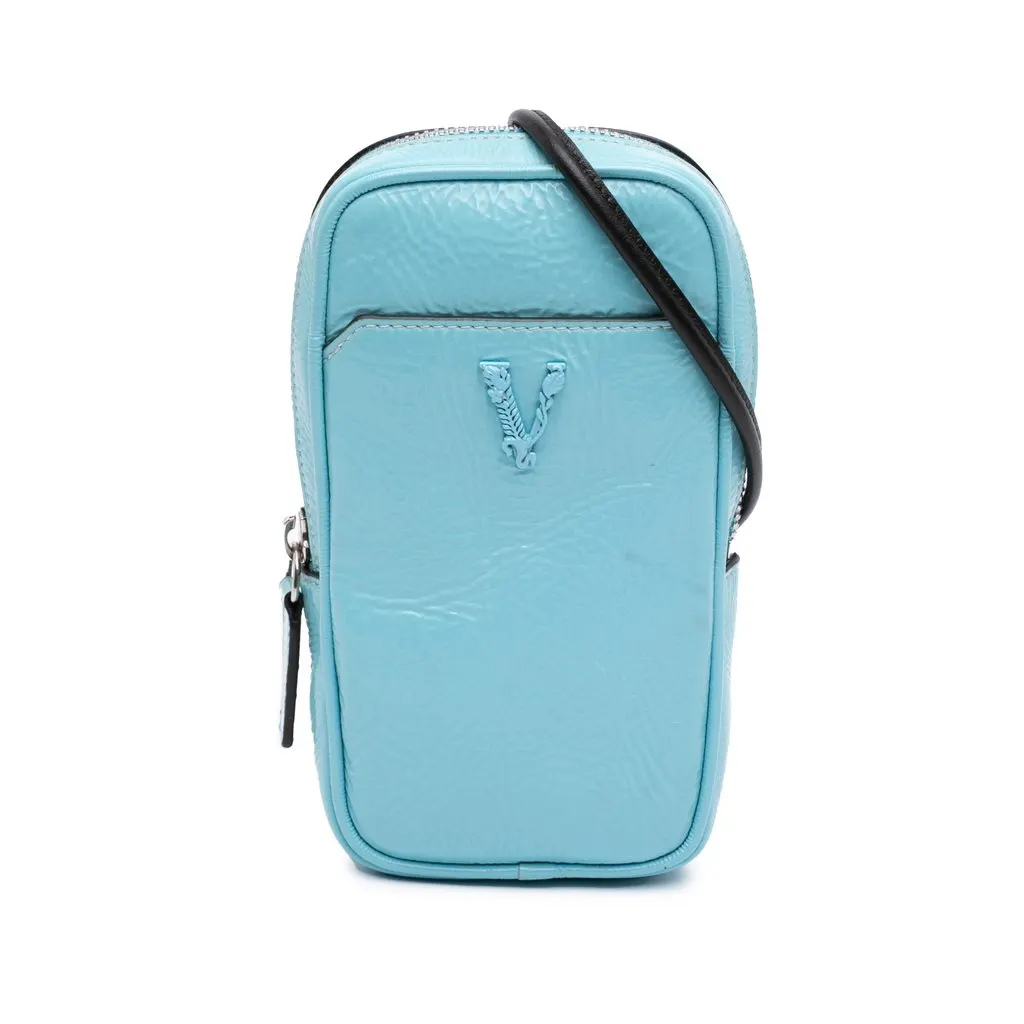 Versace Textured Leather Virtus Neck Pouch Crossbody Blue Leather Very good - Front View