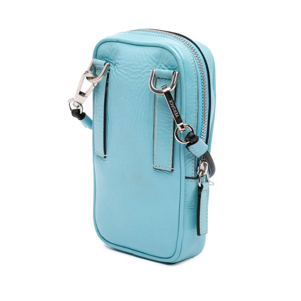 Versace Textured Leather Virtus Neck Pouch Crossbody Blue Leather Very good - Back View