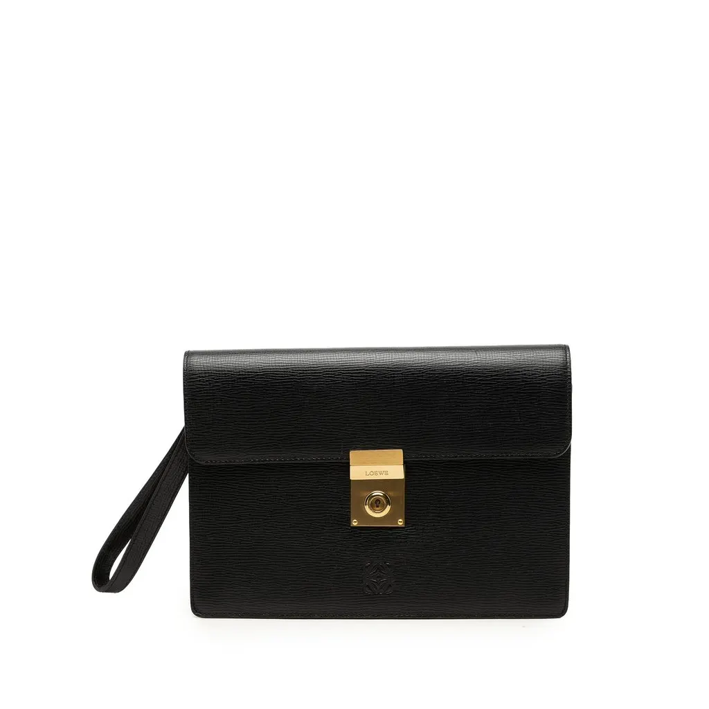 Loewe Textured Leather Anagram Flap Clutch Black Leather Good - Front View